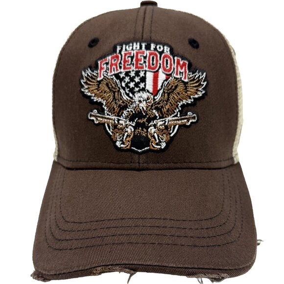 “Fight for Freedom” Eagle Pistols Mesh Trucker Hat – Brown & Cream Patriotic Cap - Picture 1 of 11